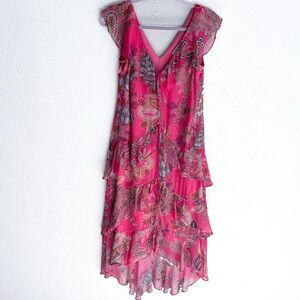 Hale Bob Pink Paisley Ruffle Dress XS Fairycore Asymmetrical hem